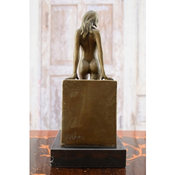 Akt Kobiety przy Postumencie - Naga Dama - Figura Rzeźba z Brązu - Akt