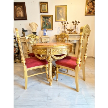 Barokowy Zestaw Mebli Do Salonu - Złoty Stół z Marmurem + 4 Krzesła -