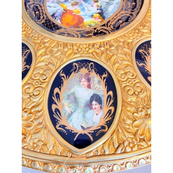 Francuski Stół Empire Drewno + Brąz + Porcelanowe Malunki Arystokracji Koło