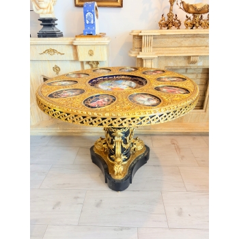 Francuski Stół Empire Drewno + Brąz + Porcelanowe Malunki Arystokracji Koło