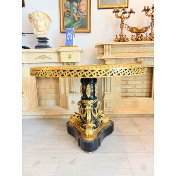 Francuski Stół Empire Drewno + Brąz + Porcelanowe Malunki Arystokracji Koło