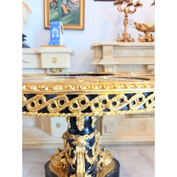 Francuski Stół Empire Drewno + Brąz + Porcelanowe Malunki Arystokracji Koło