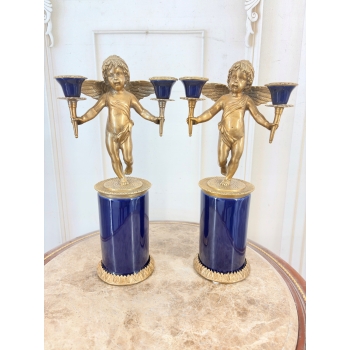 2 Granatowe Świeczniki Porcelana + Brąz - Amory Anioły - Kobaltowe