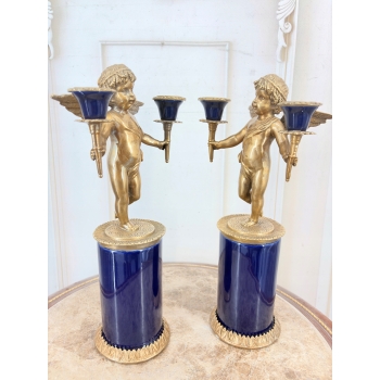2 Granatowe Świeczniki Porcelana + Brąz - Amory Anioły - Kobaltowe