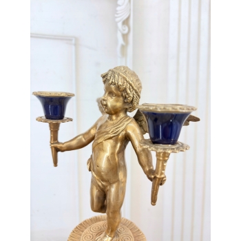2 Granatowe Świeczniki Porcelana + Brąz - Amory Anioły - Kobaltowe
